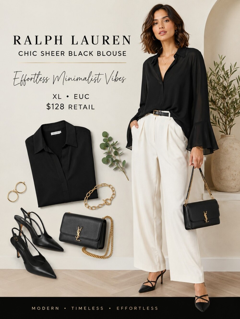 Ralph Lauren Chic Sheer Black Blouse – Effortless Minimalist Vibes- XL- EUC